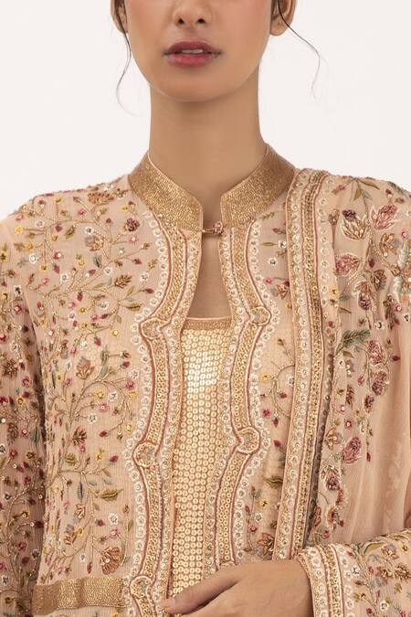 Nakul Sen_Pink Chiffon Floral Mandarin Collar Embroidered Jacket Lehenga Set_at_Aza_Fashions