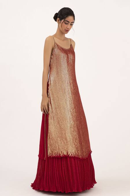 Buy_Nakul Sen_Red Chiffon Floral Mandarin Collar Embroidered Jacket Lehenga Set_Online_at_Aza_Fashions