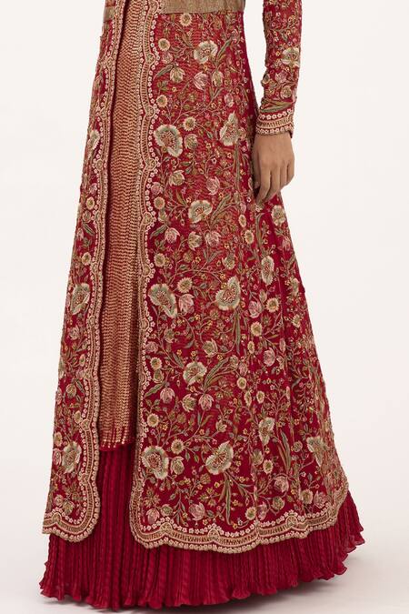 Shop_Nakul Sen_Red Chiffon Floral Mandarin Collar Embroidered Jacket Lehenga Set_Online_at_Aza_Fashions