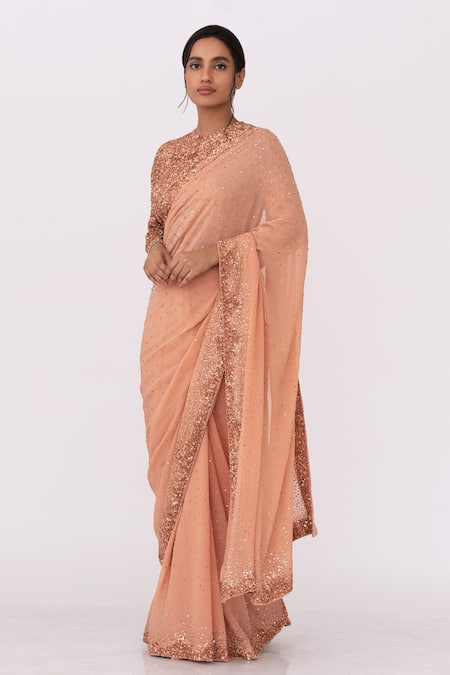 Nakul Sen Pink Chiffon Sequin Embroidered Saree Set