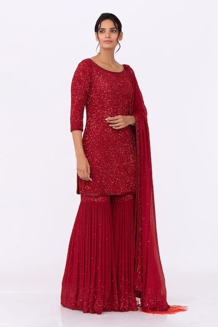 Nakul Sen Red Chiffon Embroidery Round Sequin Kurta Set  