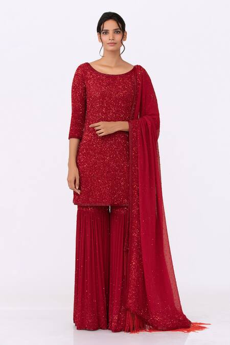 Nakul Sen_Red Chiffon Round Sequin Embroidered Kurta Set_Online_at_Aza_Fashions