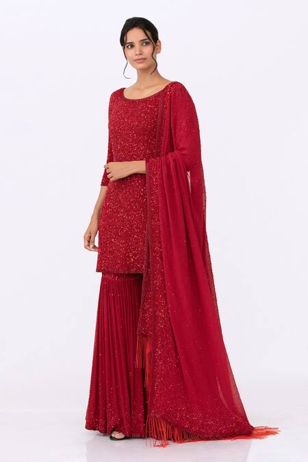 Buy_Nakul Sen_Red Chiffon Round Sequin Embroidered Kurta Set_Online_at_Aza_Fashions