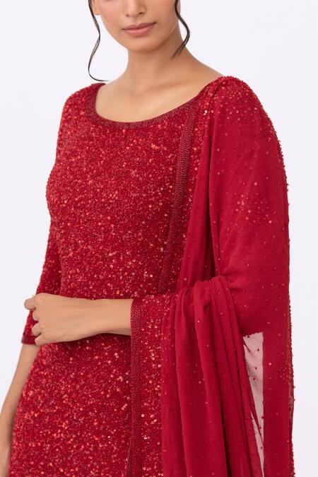 Shop_Nakul Sen_Red Chiffon Round Sequin Embroidered Kurta Set_Online_at_Aza_Fashions