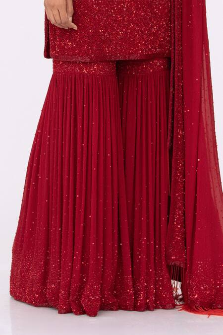 Nakul Sen_Red Chiffon Round Sequin Embroidered Kurta Set_at_Aza_Fashions