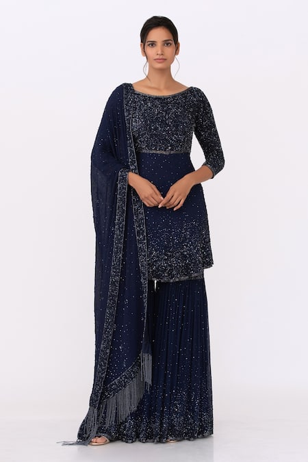 Nakul Sen Blue Chiffon Embroidered Sequin Round Kurta Set  