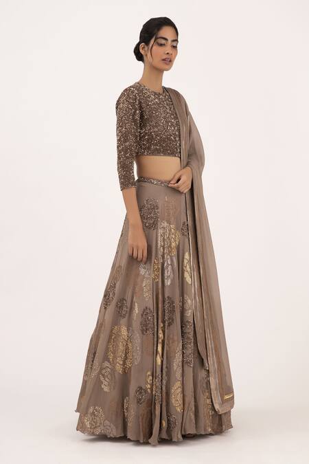 Nakul Sen_Brown Chiffon Sequin Round Embroidered Lehenga Set_Online_at_Aza_Fashions