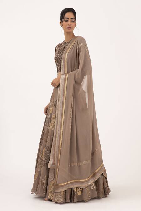 Buy_Nakul Sen_Brown Chiffon Sequin Round Embroidered Lehenga Set_Online_at_Aza_Fashions