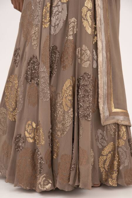 Shop_Nakul Sen_Brown Chiffon Sequin Round Embroidered Lehenga Set_Online_at_Aza_Fashions