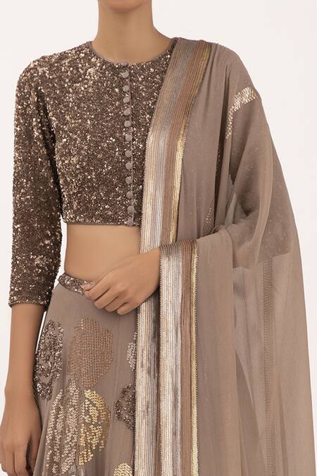 Nakul Sen_Brown Chiffon Sequin Round Embroidered Lehenga Set_at_Aza_Fashions