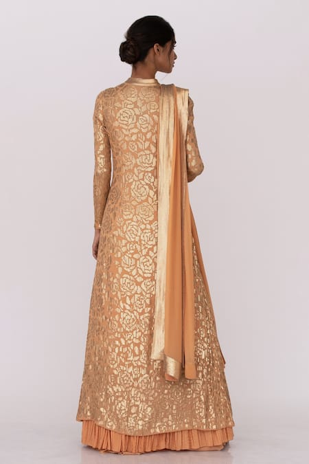 Shop Nakul Sen Peach Chiffon Floral, Sequin Mandarin Collar Embroidered Jacket Lehenga Set at Aza Fashions Shop_Nakul Sen_Peach Chiffon Floral, Sequin Mandarin Collar Embroidered Jacket Lehenga Set _at_Aza_Fashions