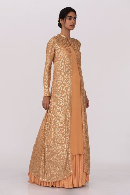 Nakul Sen Peach Chiffon Floral, Sequin Mandarin Collar Embroidered Jacket Lehenga Set Online at Aza Fashions Nakul Sen_Peach Chiffon Floral, Sequin Mandarin Collar Embroidered Jacket Lehenga Set _Online_at_Aza_Fashions