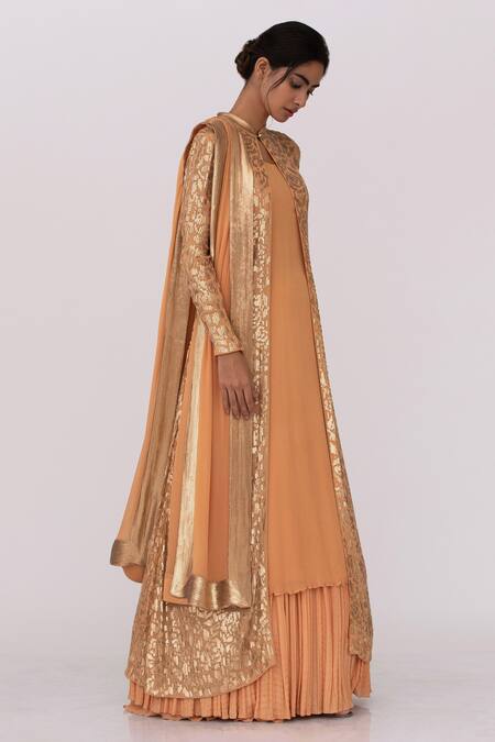 Buy Nakul Sen Peach Chiffon Floral, Sequin Mandarin Collar Embroidered Jacket Lehenga Set Online at Aza Fashions Buy_Nakul Sen_Peach Chiffon Floral, Sequin Mandarin Collar Embroidered Jacket Lehenga Set _Online_at_Aza_Fashions