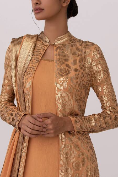 Nakul Sen Peach Chiffon Floral, Sequin Mandarin Collar Embroidered Jacket Lehenga Set at Aza Fashions Nakul Sen_Peach Chiffon Floral, Sequin Mandarin Collar Embroidered Jacket Lehenga Set _at_Aza_Fashions