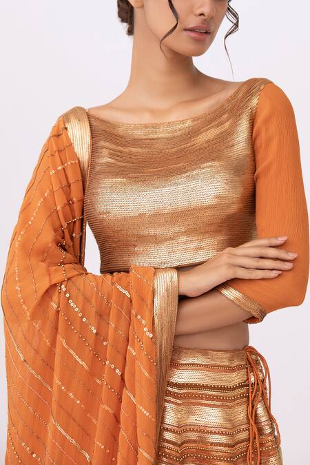 Nakul Sen Orange Chiffon Sequin Round Embroidered Lehenga Set at Aza Fashions Nakul Sen_Orange Chiffon Sequin Round Embroidered Lehenga Set _at_Aza_Fashions