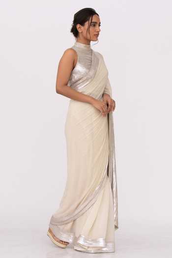 Nakul Sen_White Chiffon Sequin Embroidered Saree Set_Online_at_Aza_Fashions