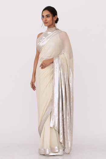 Buy_Nakul Sen_White Chiffon Sequin Embroidered Saree Set_Online_at_Aza_Fashions