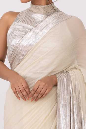Shop_Nakul Sen_White Chiffon Sequin Embroidered Saree Set_Online_at_Aza_Fashions