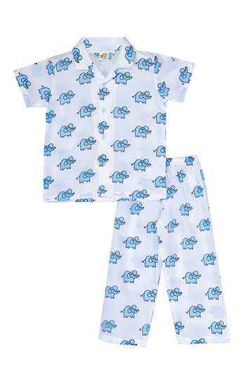 Buy Little Stars Blue Cotton Elephant Print Night Suit Set at Aza Fashions Buy_Little Stars_Blue Cotton Elephant Print Night Suit Set _at_Aza_Fashions