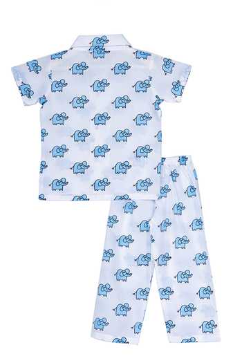 Shop Little Stars Blue Cotton Elephant Print Night Suit Set at Aza Fashions Shop_Little Stars_Blue Cotton Elephant Print Night Suit Set _at_Aza_Fashions