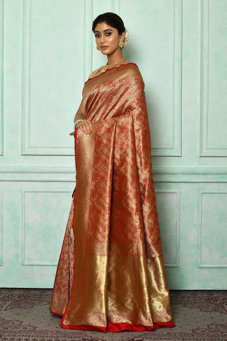 Samyukta Singhania_Maroon Brocade, , Satin Embroidery Floral Woven Banarasi Saree _Online_at_Aza_Fashions