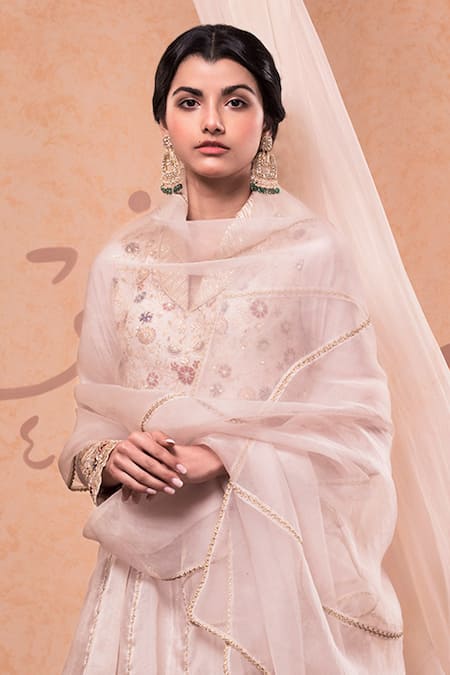 Shop Nadima Saqib Beige Habutai , Organza Peter Pan Embroidered Kurta Lehenga Set at Aza Fashions Shop_Nadima Saqib_Beige Habutai , Organza Peter Pan Embroidered Kurta Lehenga Set _at_Aza_Fashions
