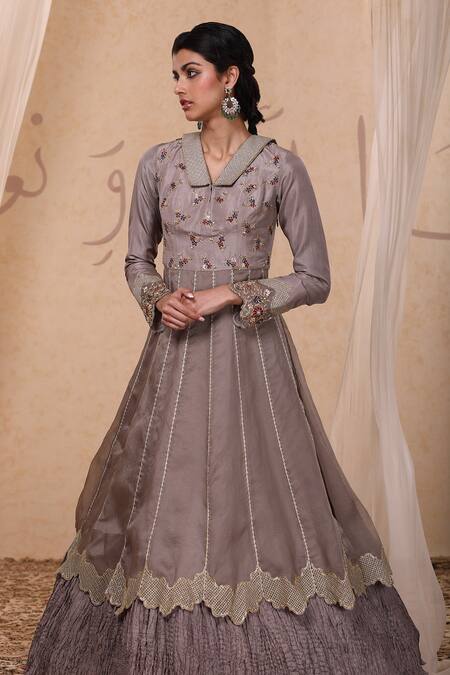 Nadima Saqib Grey Habutai , Organza V Neck Embroidered Gown