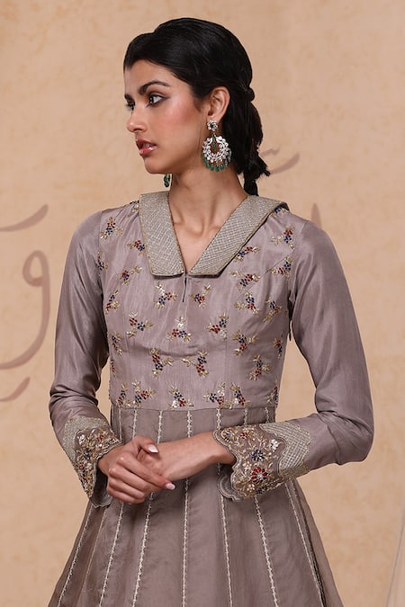 Shop Nadima Saqib Grey Habutai , Organza V Neck Embroidered Gown at Aza Fashions Shop_Nadima Saqib_Grey Habutai , Organza V Neck Embroidered Gown _at_Aza_Fashions