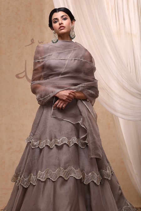 Shop_Nadima Saqib_Grey Habutai , Organza High Neck Embroidered Lehenga Set _at_Aza_Fashions
