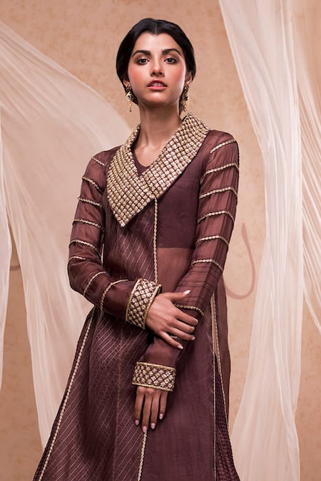 Shop Nadima Saqib Brown Habutai , Organza V Neck Embroidered Kurta Lehenga Set at Aza Fashions Shop_Nadima Saqib_Brown Habutai , Organza V Neck Embroidered Kurta Lehenga Set _at_Aza_Fashions