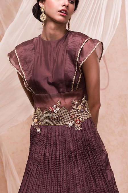 Shop_Nadima Saqib_Brown Habutai , Organza Round Embroidered Gown _at_Aza_Fashions