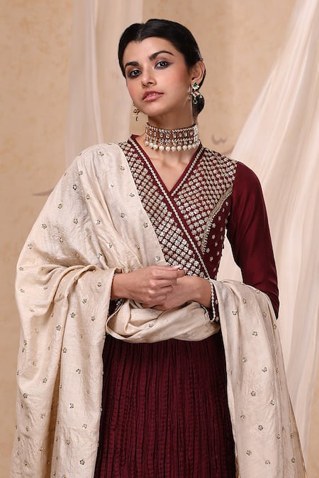 Shop Nadima Saqib Maroon Habutai , Organza V Neck Embroidered Anarkali With Dupatta at Aza Fashions Shop_Nadima Saqib_Maroon Habutai , Organza V Neck Embroidered Anarkali With Dupatta _at_Aza_Fashions