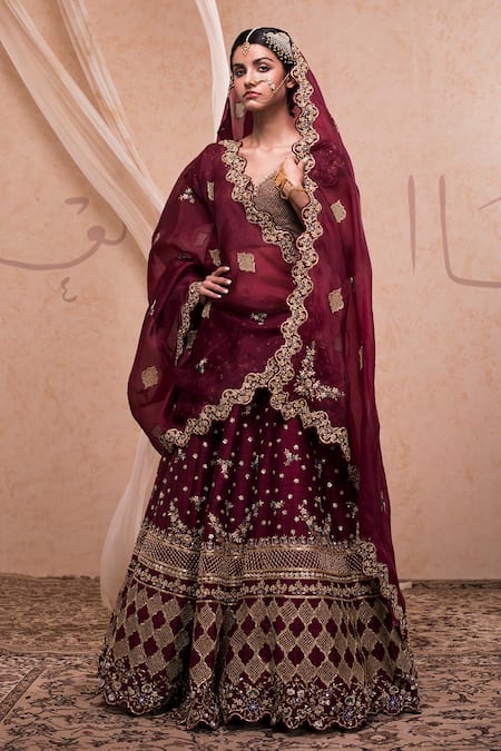 Nadima Saqib Maroon Raw , Organza V Neck Embroidered Bridal Lehenga Set