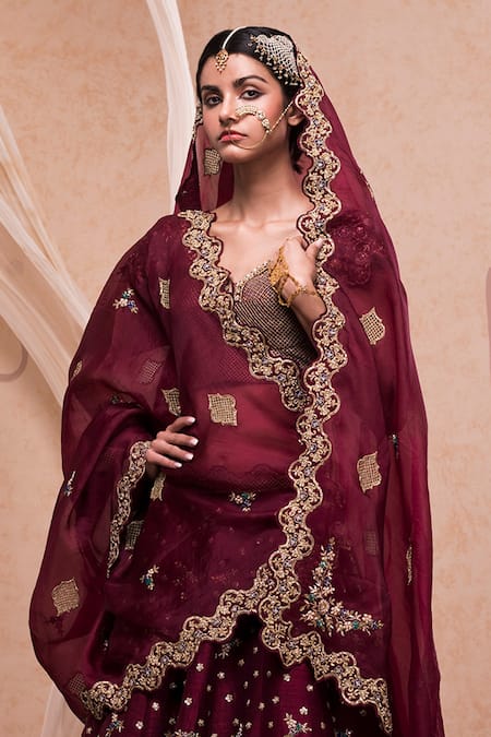 Shop Nadima Saqib Maroon Raw , Organza V Neck Embroidered Bridal Lehenga Set at Aza Fashions Shop_Nadima Saqib_Maroon Raw , Organza V Neck Embroidered Bridal Lehenga Set _at_Aza_Fashions
