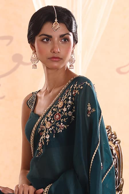Shop Nadima Saqib Green Habutai , Organza Sweetheart Neck Embroidered Saree at Aza Fashions Shop_Nadima Saqib_Green Habutai , Organza Sweetheart Neck Embroidered Saree _at_Aza_Fashions