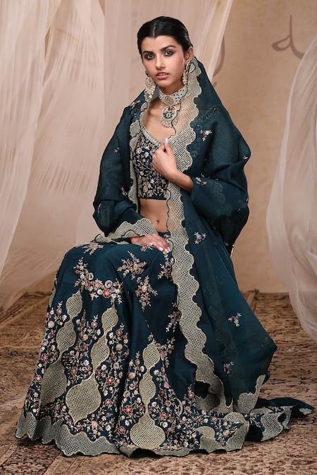 Nadima Saqib Green Raw , Organza V Neck Embroidered Bridal Lehenga Set 