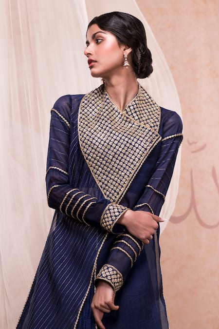 Shop Nadima Saqib Blue Habutai , Organza Round Embroidered Kurta Lehenga Set at Aza Fashions Shop_Nadima Saqib_Blue Habutai , Organza Round Embroidered Kurta Lehenga Set _at_Aza_Fashions