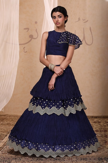 Nadima Saqib Blue Habutai , Organza Round Embroidered Lehenga Set