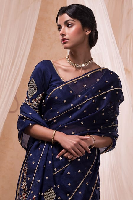 Shop Nadima Saqib Blue Habutai , Organza V Neck Embroidered Saree at Aza Fashions Shop_Nadima Saqib_Blue Habutai , Organza V Neck Embroidered Saree _at_Aza_Fashions