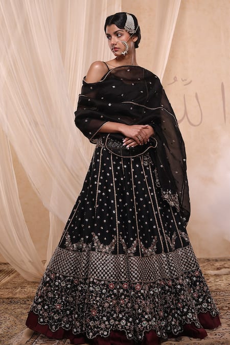 Nadima Saqib Black Raw , Organza Sweetheart Neck Embroidered Lehenga Set
