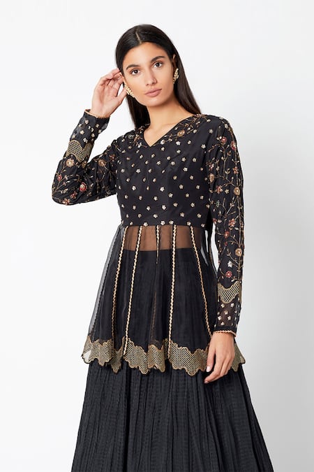 Nadima Saqib_Black Habutai , Organza V Neck Embroidered Kurta Lehenga Set _Online_at_Aza_Fashions