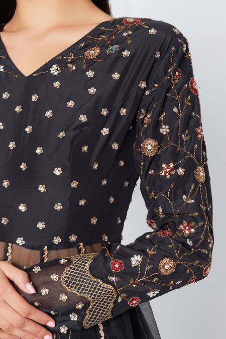 Shop_Nadima Saqib_Black Habutai , Organza V Neck Embroidered Kurta Lehenga Set _Online_at_Aza_Fashions