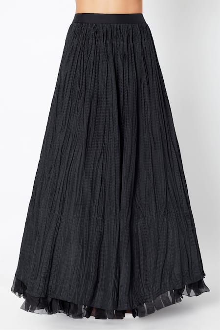 Buy_Nadima Saqib_Black Habutai , Organza V Neck Embroidered Kurta Lehenga Set _Online_at_Aza_Fashions