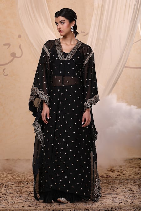 Nadima Saqib Black Habutai Silk V Neck Organza Embroidered Jacket Lehenga Set 