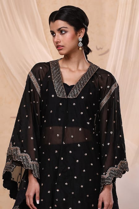Shop Nadima Saqib Black Habutai , Organza V Neck Embroidered Jacket Lehenga Set at Aza Fashions Shop_Nadima Saqib_Black Habutai , Organza V Neck Embroidered Jacket Lehenga Set _at_Aza_Fashions