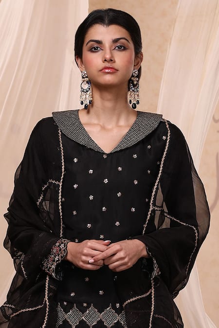 Shop Nadima Saqib Black Habutai , Organza Peter Pan Embroidered Kurta Lehenga Set at Aza Fashions Shop_Nadima Saqib_Black Habutai , Organza Peter Pan Embroidered Kurta Lehenga Set _at_Aza_Fashions