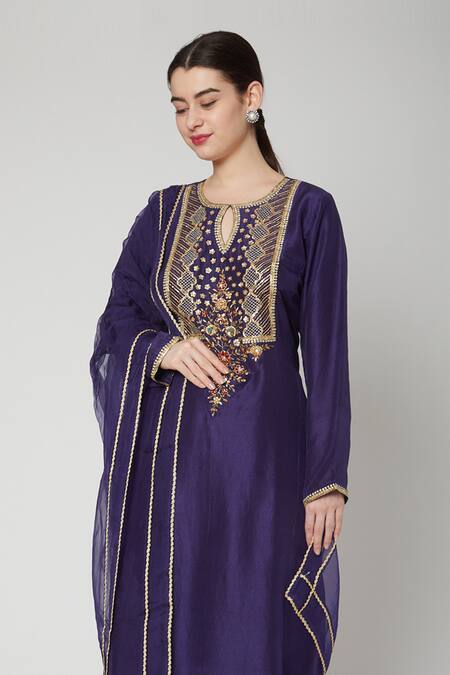 Nadima Saqib_Blue Habutai , Organza Keyhole Embroidered Kurta Set _Online_at_Aza_Fashions