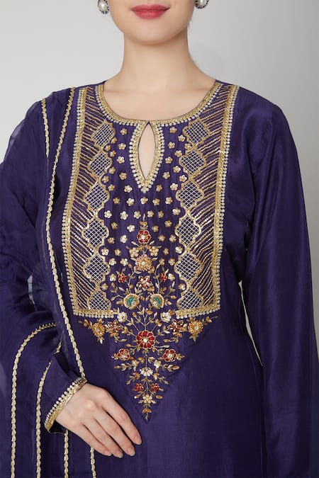 Buy_Nadima Saqib_Blue Habutai , Organza Keyhole Embroidered Kurta Set _Online_at_Aza_Fashions