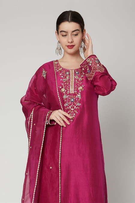 Nadima Saqib_Pink Organza, Dupion Silk Round Embroidered Kurta Set _Online_at_Aza_Fashions