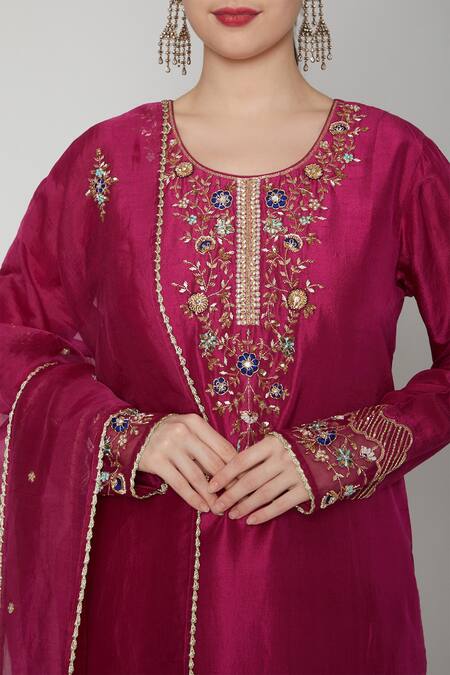 Shop_Nadima Saqib_Pink Organza, Dupion Silk Round Embroidered Kurta Set _Online_at_Aza_Fashions